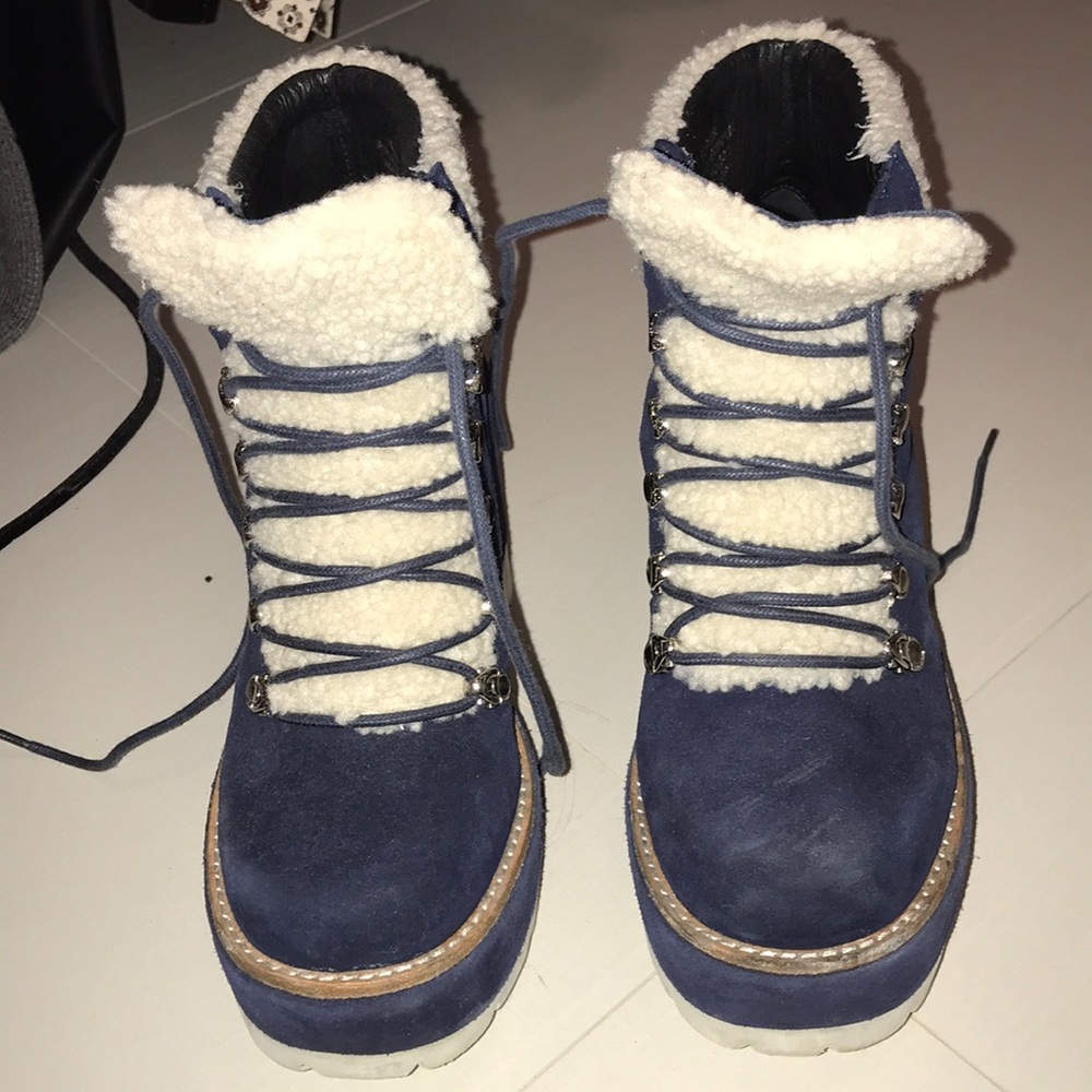 Jeffrey Campbell navy and shearling wedge boots